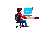 Pixel art scene: developer at a desk with coffee
